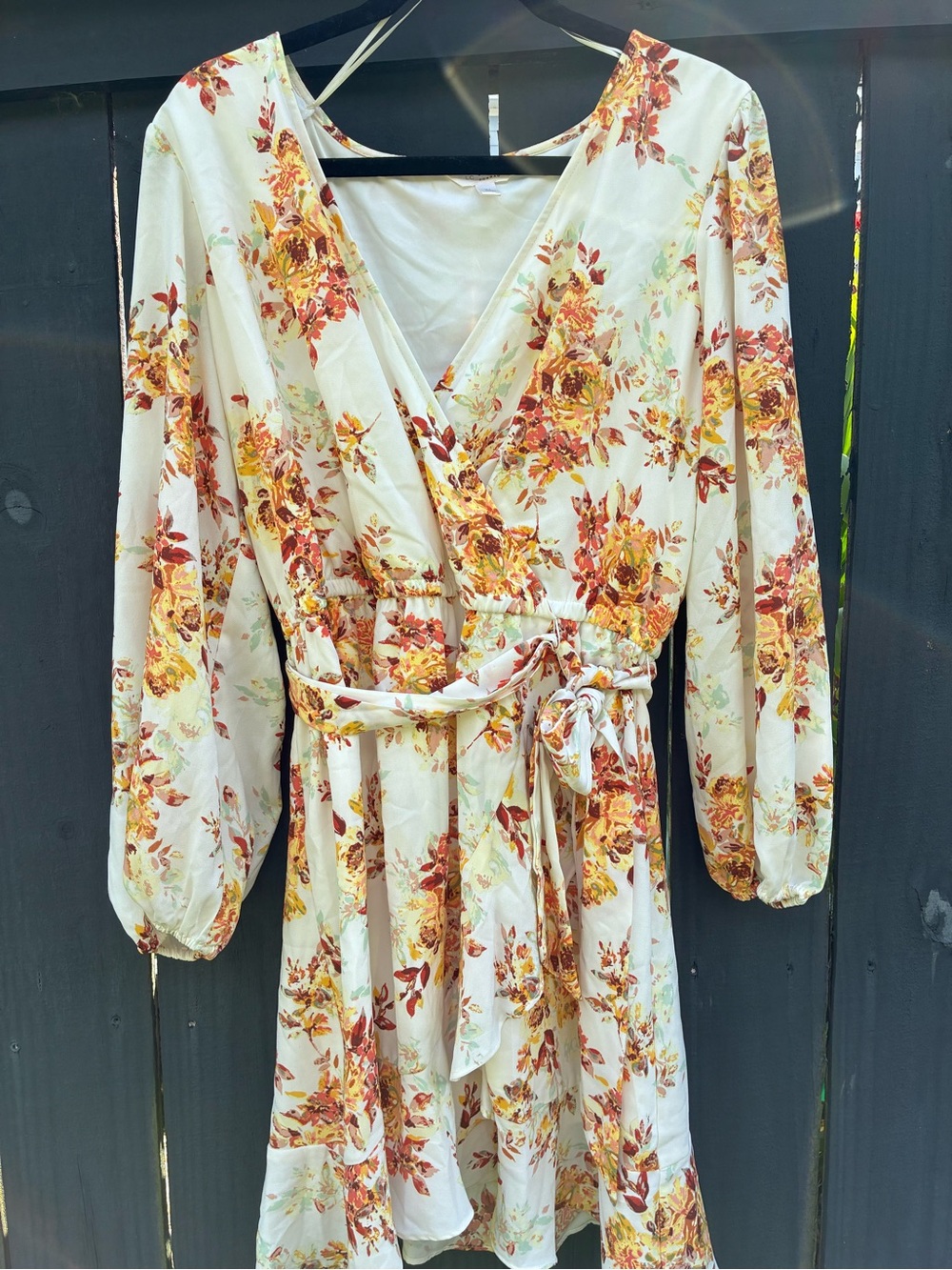 LC Lauren Conrad Cream Long-Sleeve Floral Wrap Dress with Rust and Yellow Blooms